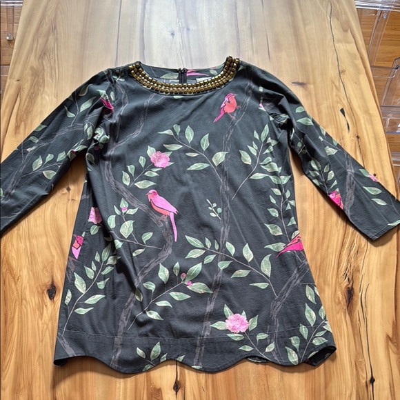 Embellished Black Midi Dress with Pink Bird Print - Picture 1 of 6